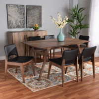 Baxton Studio RDC827-BlackWalnut-7PC Dining Set Baxton Studio Afton Mid-Century Modern Black Faux Leather Upholstered and Walnut Brown Finished Wood